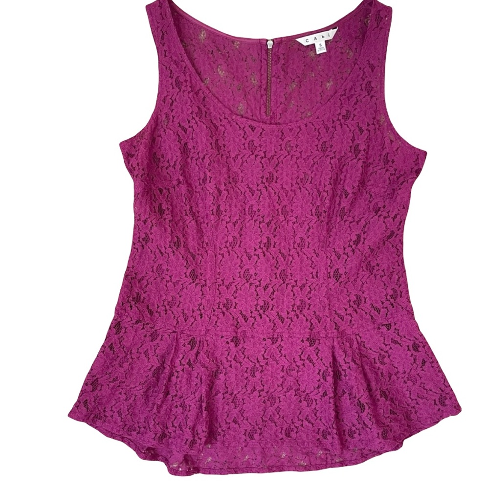 Cabi Sheer Lace Y2K Size Small Cranberry Sleeveless Scoop Neck Peplum Top